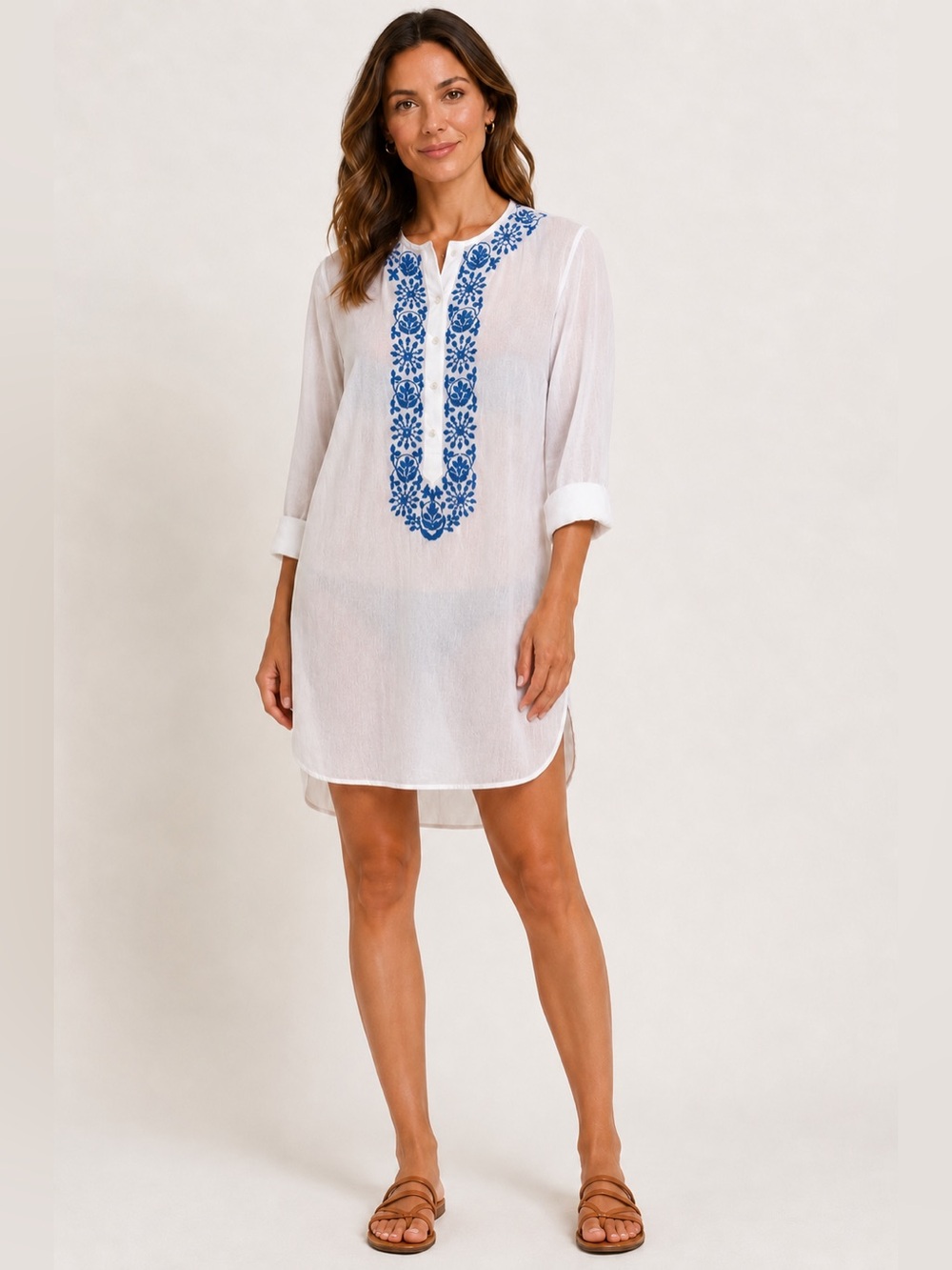 Nili Lotan Tunic Dress Coverup White Blue Morrocan Embroidered Sz Small